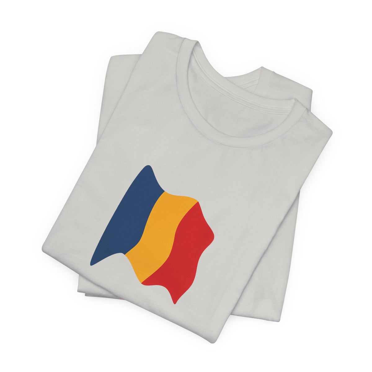 Romania flag T-shirt by Printify featuring a minimal waving tricolor design on a casual T-shirt.