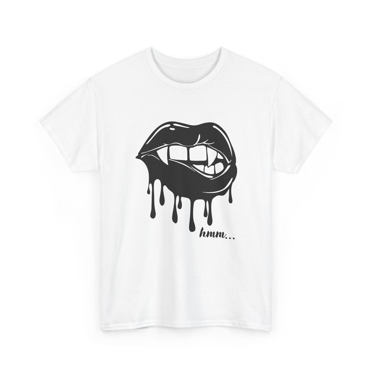 Black graphic T-shirt by Printify featuring dripping lips with "hmm..." bite design on the front.
