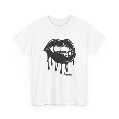 Black graphic T-shirt by Printify featuring dripping lips with "hmm..." bite design on the front.