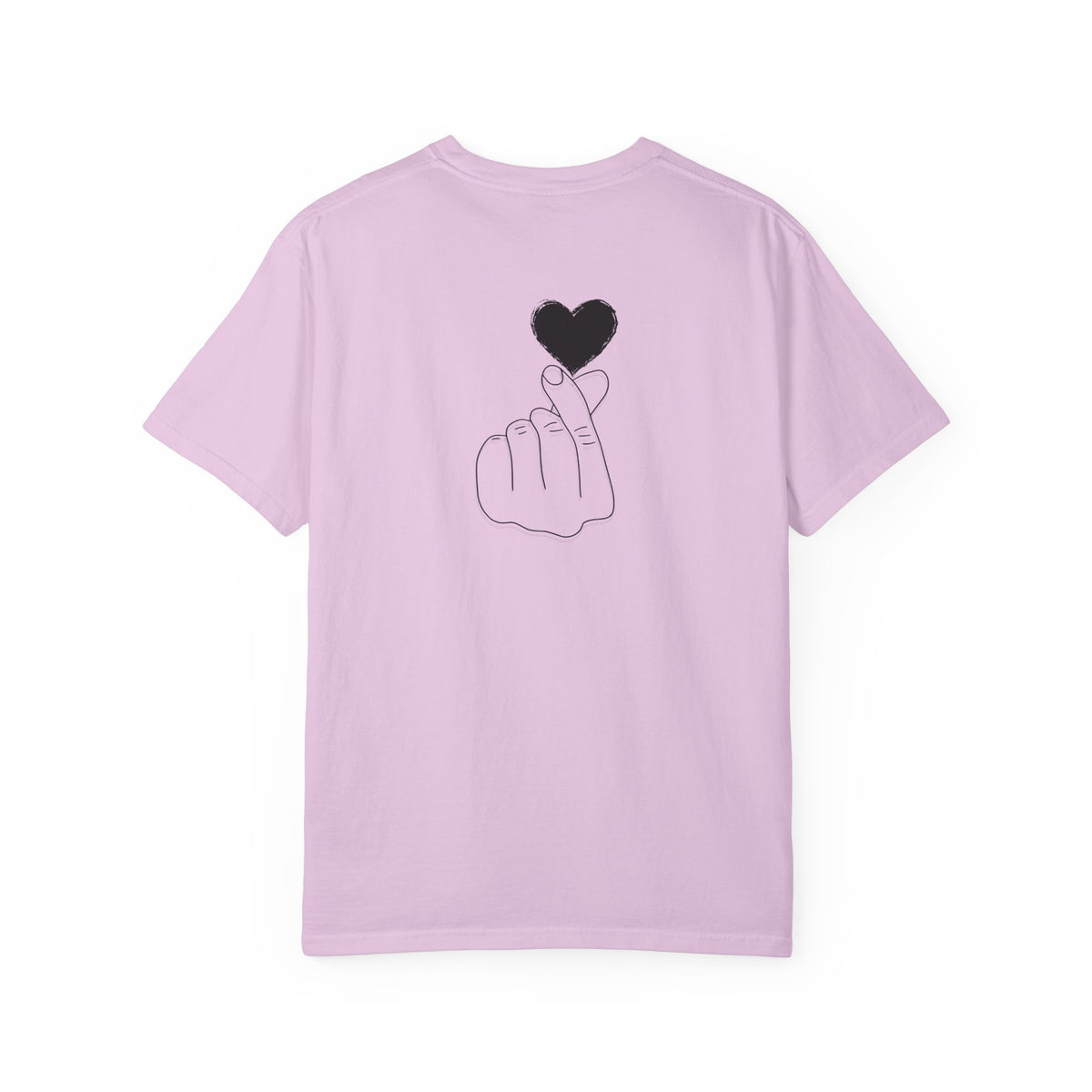 Black T-shirt with a minimal white finger heart graphic, casual short-sleeve tee by Printify