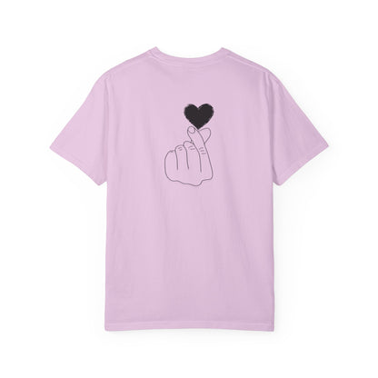 Black T-shirt with a minimal white finger heart graphic, casual short-sleeve tee by Printify
