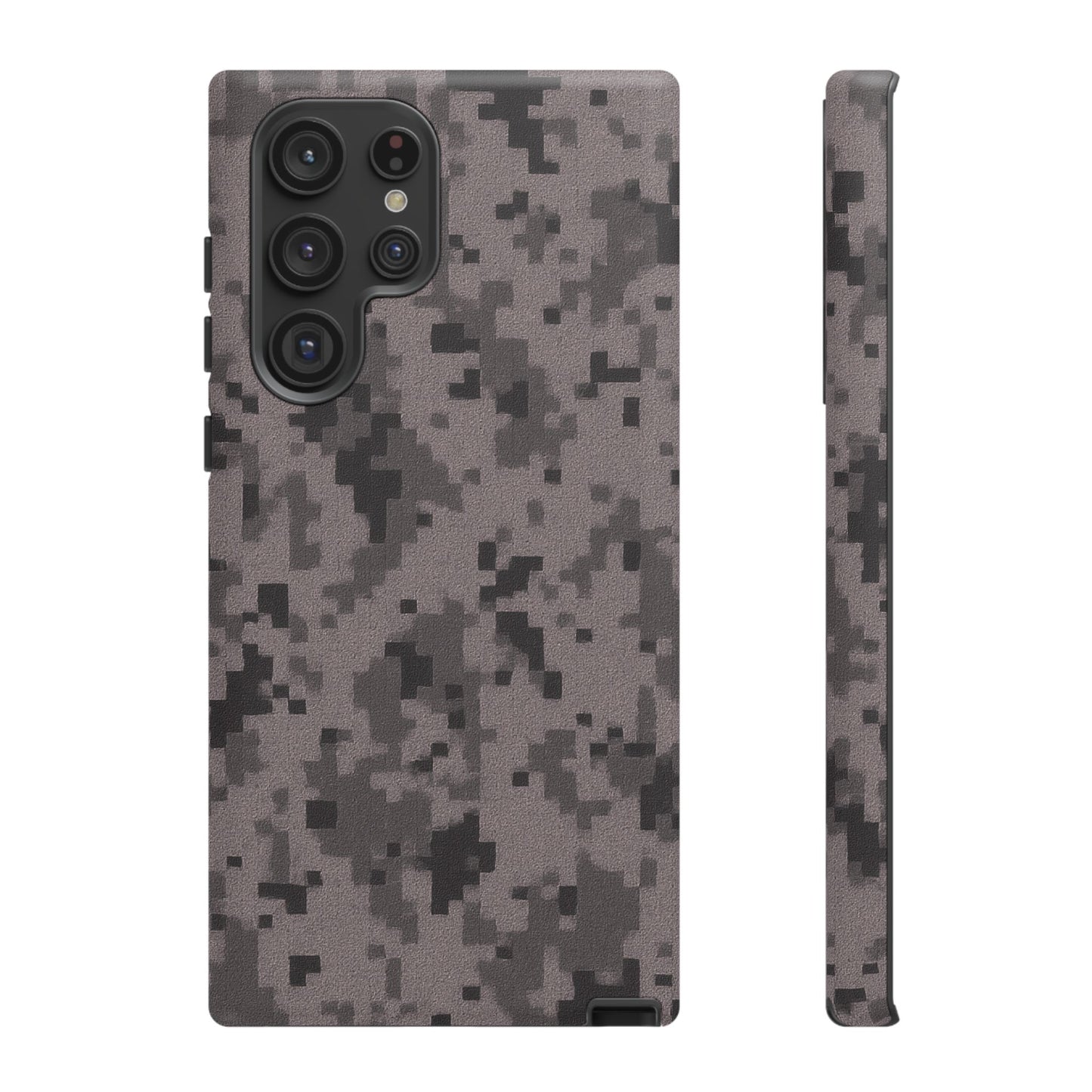 Gray digital camouflage phone case by Printify, sturdy protective cover with tough digital camo design for smartphones.