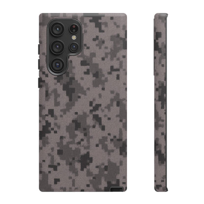 Gray digital camouflage phone case by Printify, sturdy protective cover with tough digital camo design for smartphones.