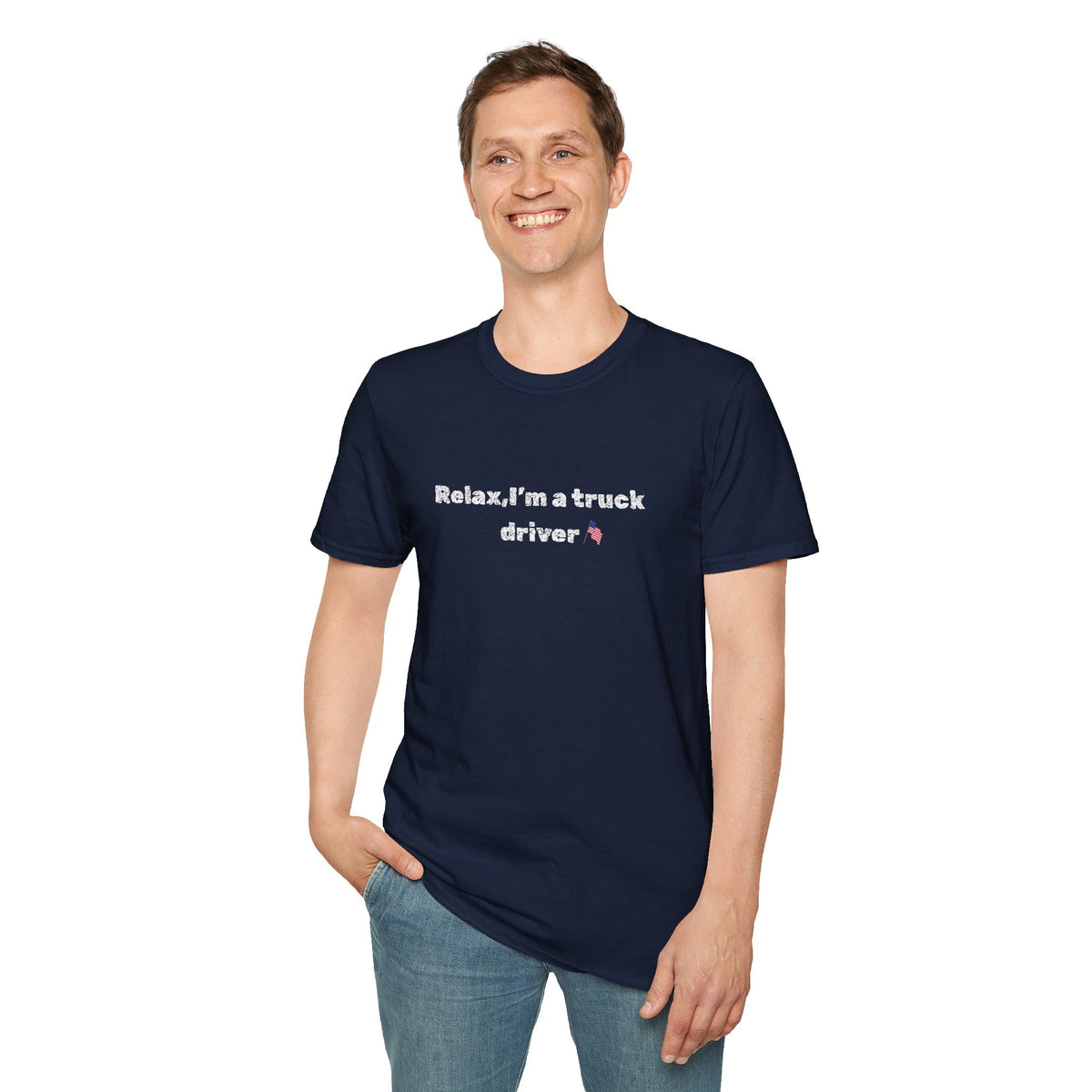 Pink heart and humorous "Relax, I'm a Truck Driver" T-shirt by Printify featuring a casual trucker graphic.