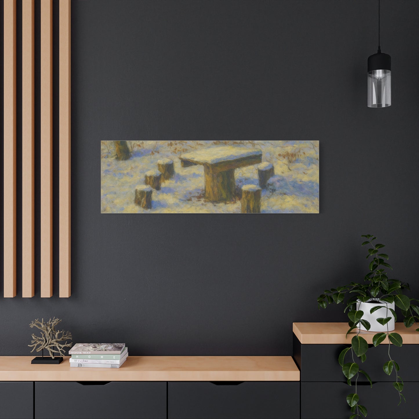 Snowy forest winter landscape canvas wall art, matte stretched print by Printify showcasing snow-covered trees.