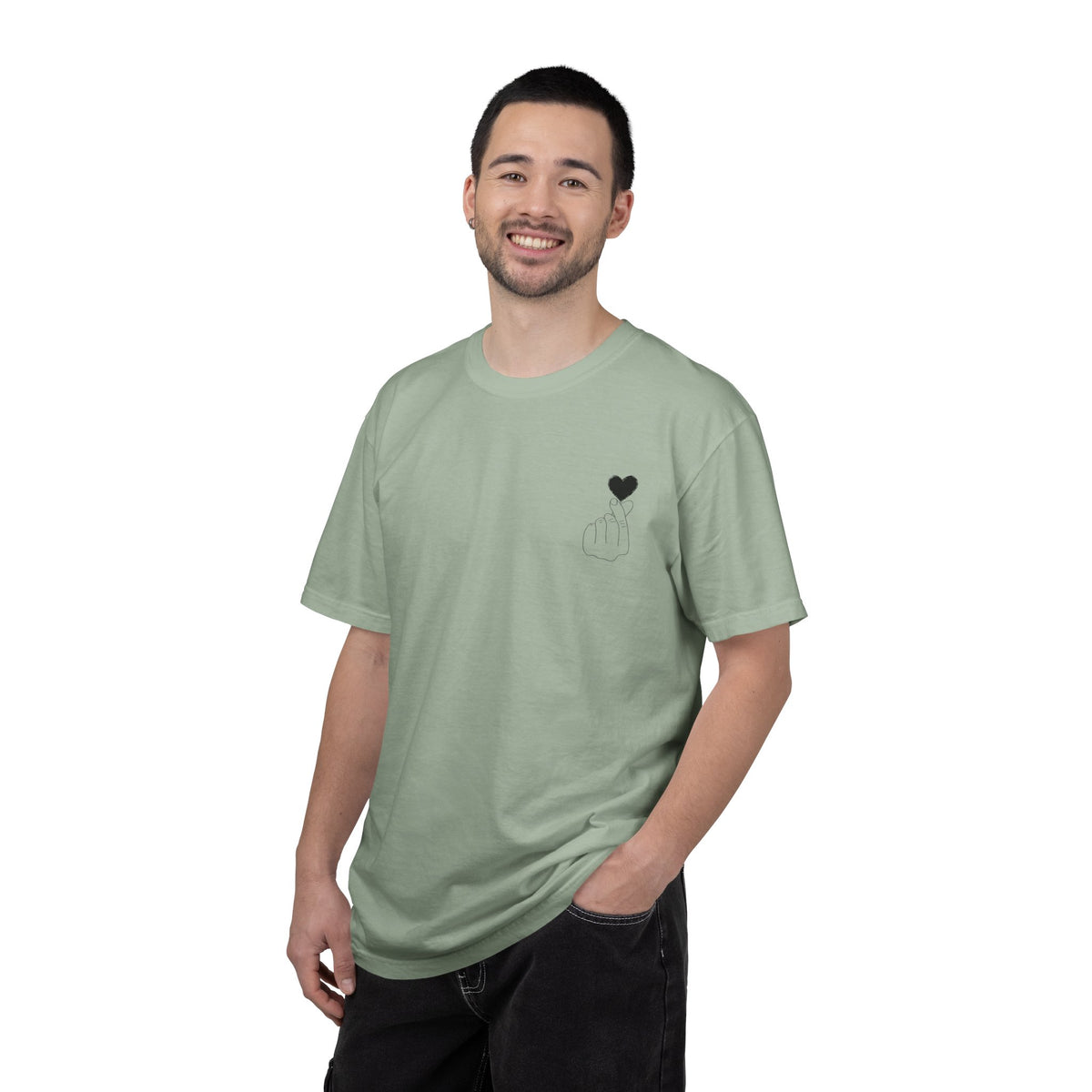 Minimal black heart graphic T-shirt by Printify featuring a finger heart design on a casual black tee.