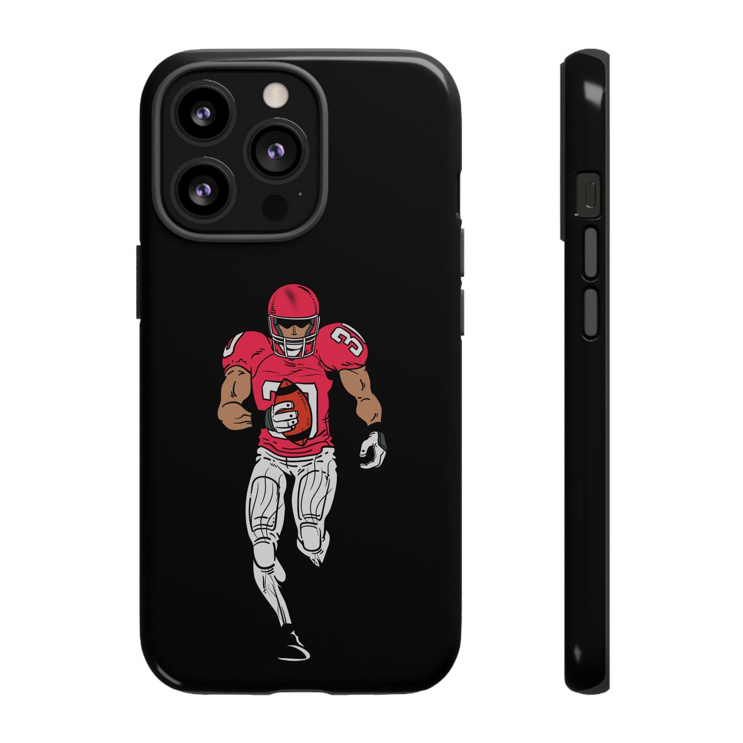 Black football player tough phone case for iPhone, protective sports-themed design by Printify.