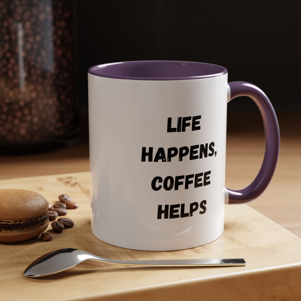 Black ceramic mug with "Life Happens Coffee Helps" text, 11oz or 15oz size, with black handle and rim, by Printify.
