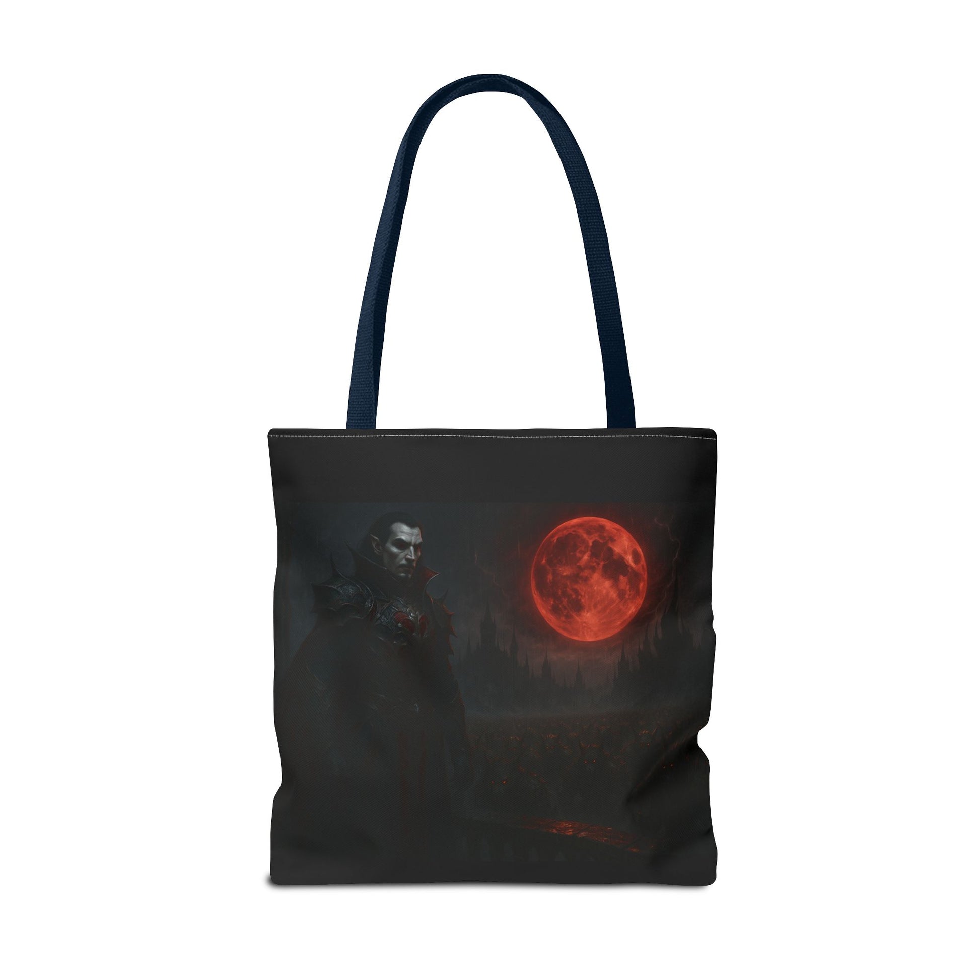 Gothic Dracula tote bag featuring moonlit vampire art, perfect for Halloween or gothic fashion accessories.