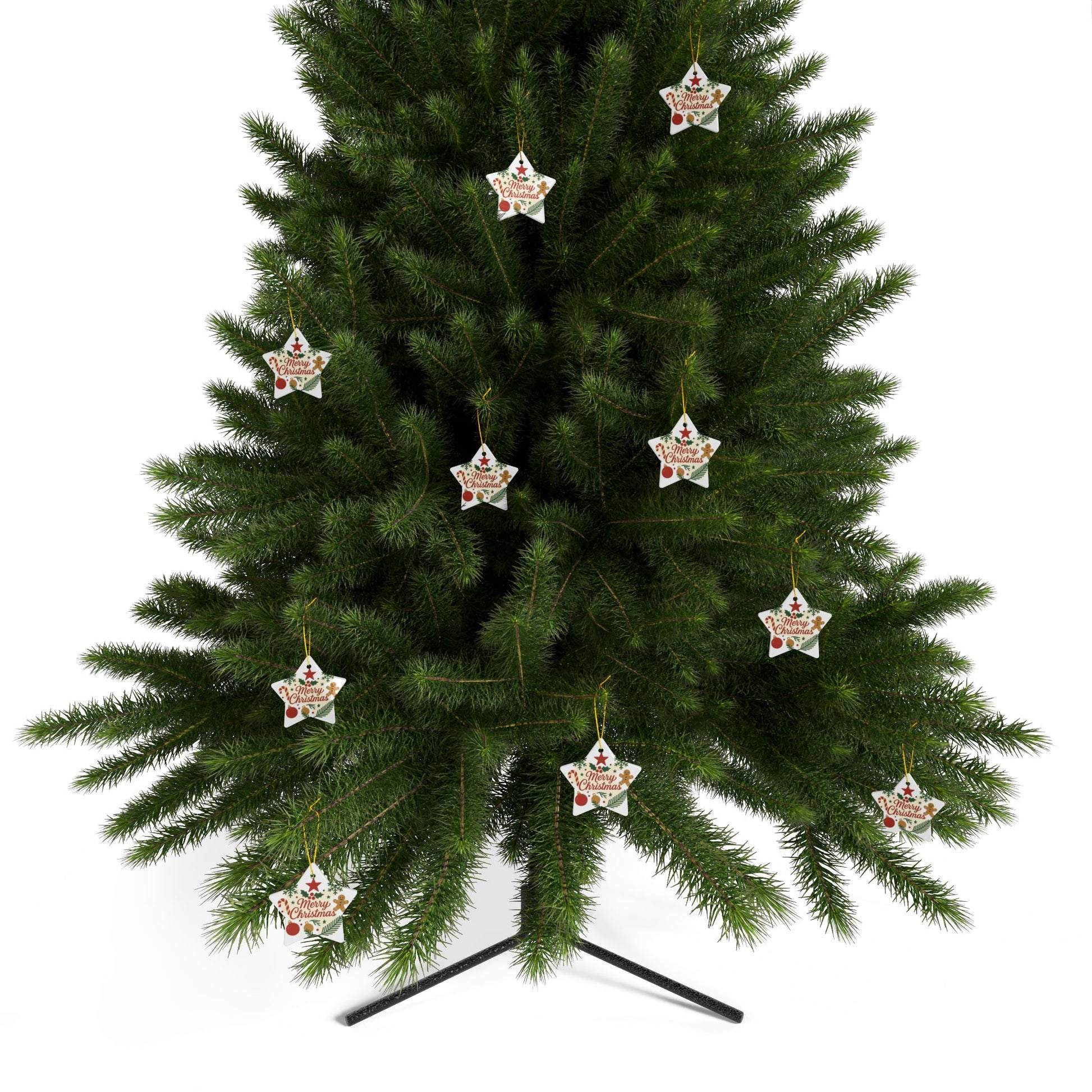 Double-sided ceramic Merry Christmas ornament with gingerbread and candy cane holiday tree designs, ideal for Christmas decorations.