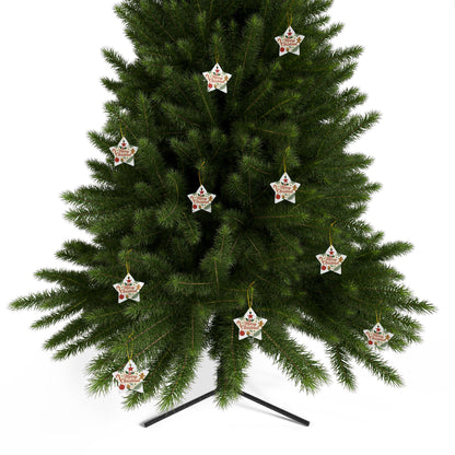 Double-sided ceramic Merry Christmas ornament with gingerbread and candy cane holiday tree designs, ideal for Christmas decorations.