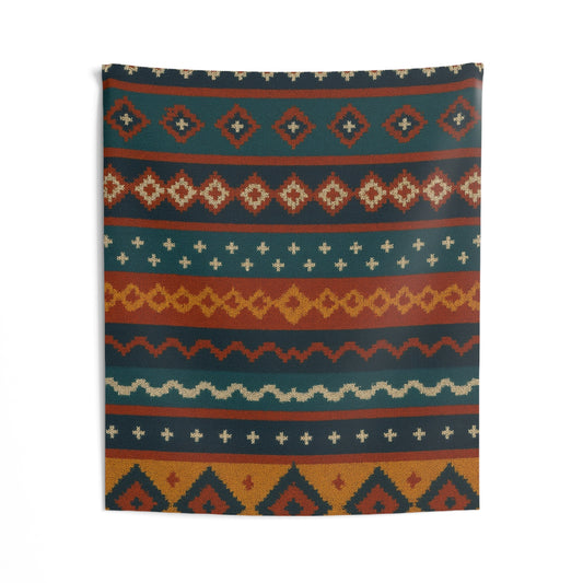 Southwestern pattern wall tapestry with boho tribal geometric design, featuring vibrant colors and intricate motifs.