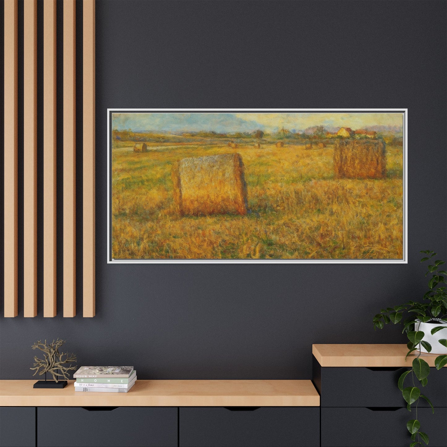Framed matte canvas wall art featuring a rustic hayfield landscape print by Printify, ideal for home rustic decor.