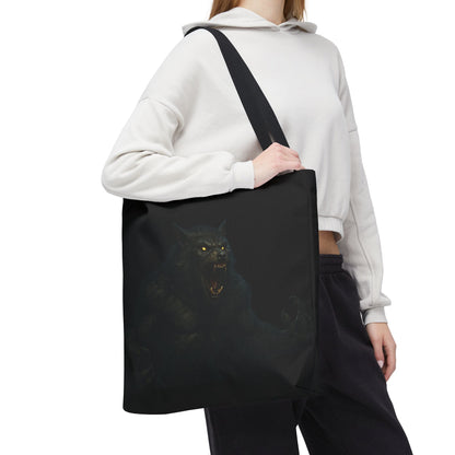 Werewolf tote bag featuring dark Halloween art, perfect gift for horror fans, made by Printify, with a detailed spooky wolf design.