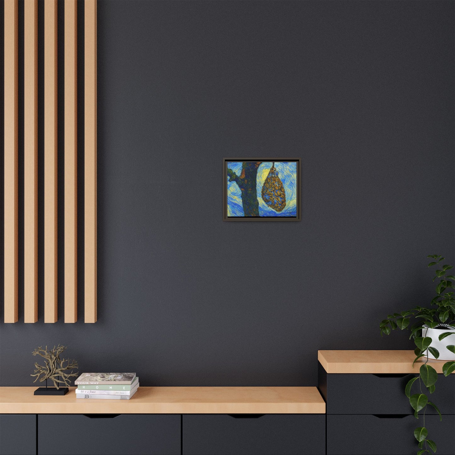 Framed matte canvas art featuring a starry nut cluster with dried plum in a tree, by Printify.