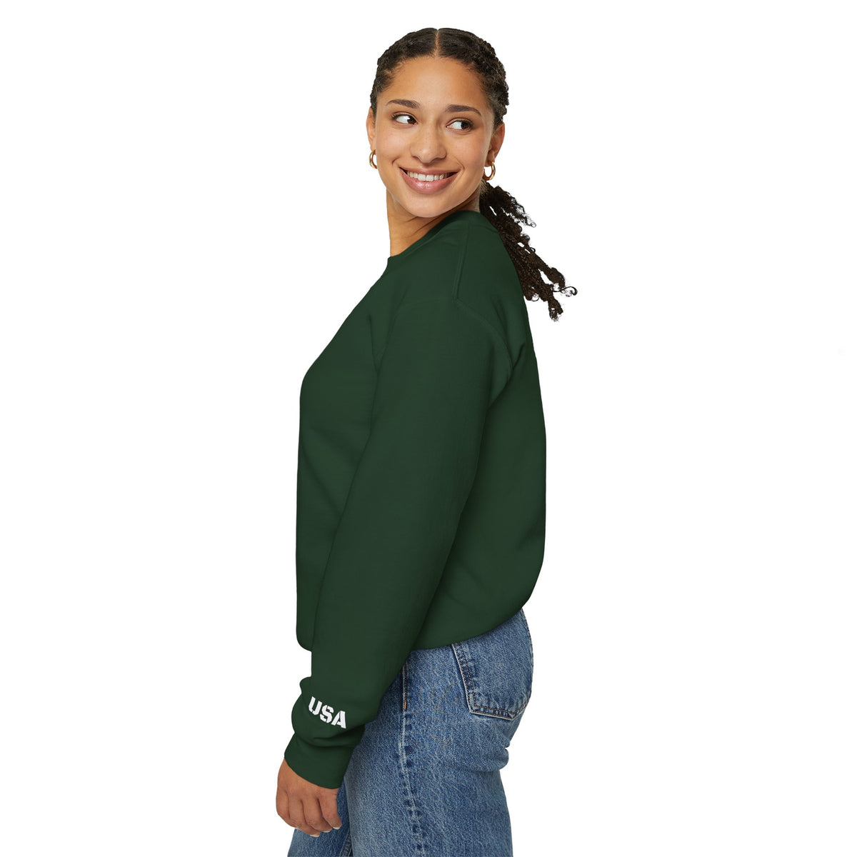 USA crewneck sweatshirt by Printify featuring a cozy, patriotic design perfect for all seasons.