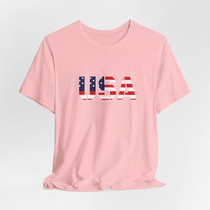 USA flag text T-shirt by Printify featuring patriotic design for Fourth of July celebrations.