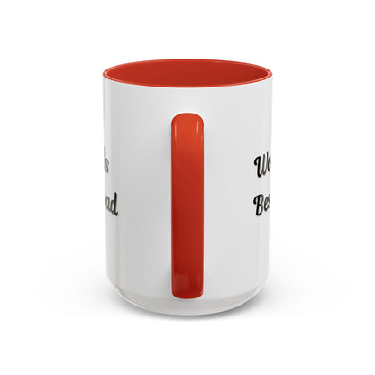Black trim coffee mug with "World's Best Dad" accent design, available in 11oz and 15oz sizes, by Printify.