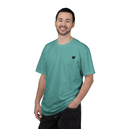 Black T-shirt with minimal white finger heart graphic, casual style, from Printify, shown on a flat lay.