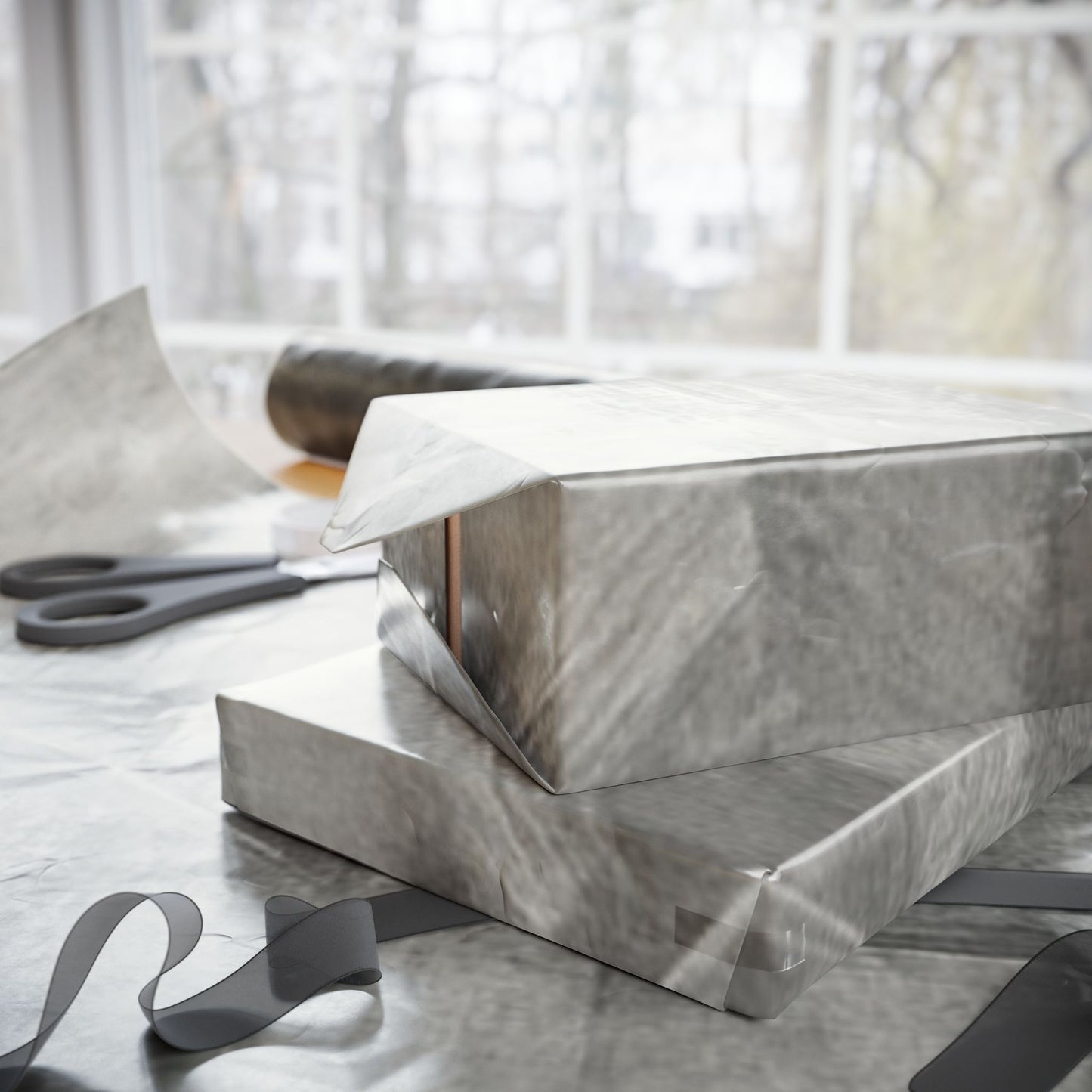 Gray marble wrapping paper roll with watercolor design, ideal for weddings, birthdays, and minimalist gift packaging.