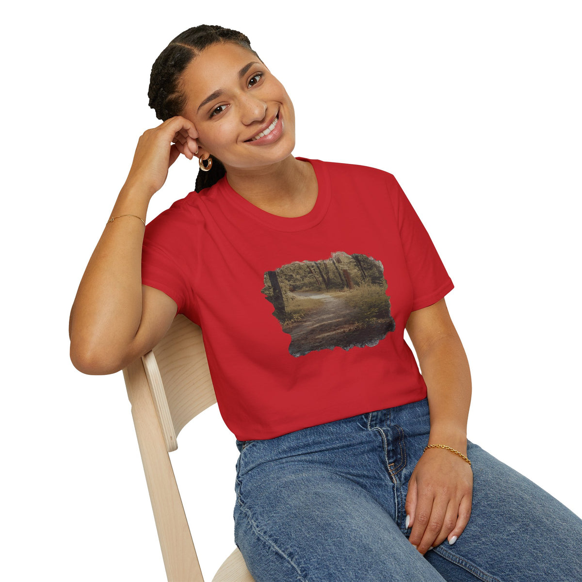 Vintage forest landscape T-shirt by Printify featuring a nature pathway scene on a casual cotton tee.