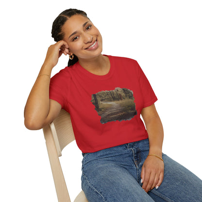 Vintage forest landscape T-shirt by Printify featuring a nature pathway scene on a casual cotton tee.
