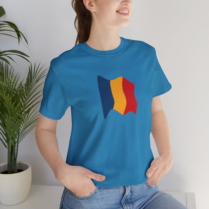 Romania flag T-shirt with minimal waving tricolor design, casual unisex tee by Printify, featuring Romania's national colors.