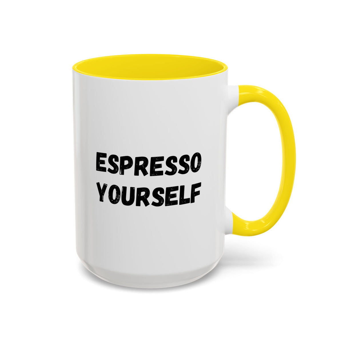 White ceramic espresso mug with "Espresso Yourself" humorous coffee lover message, 11 oz size, by Printify.