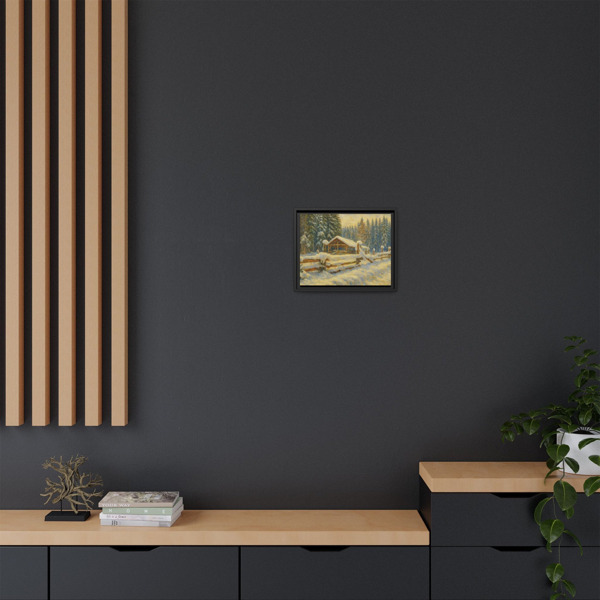Snowy cabin winter landscape canvas wall art by Printify, featuring a cozy snowy cabin scene in a matte framed print.