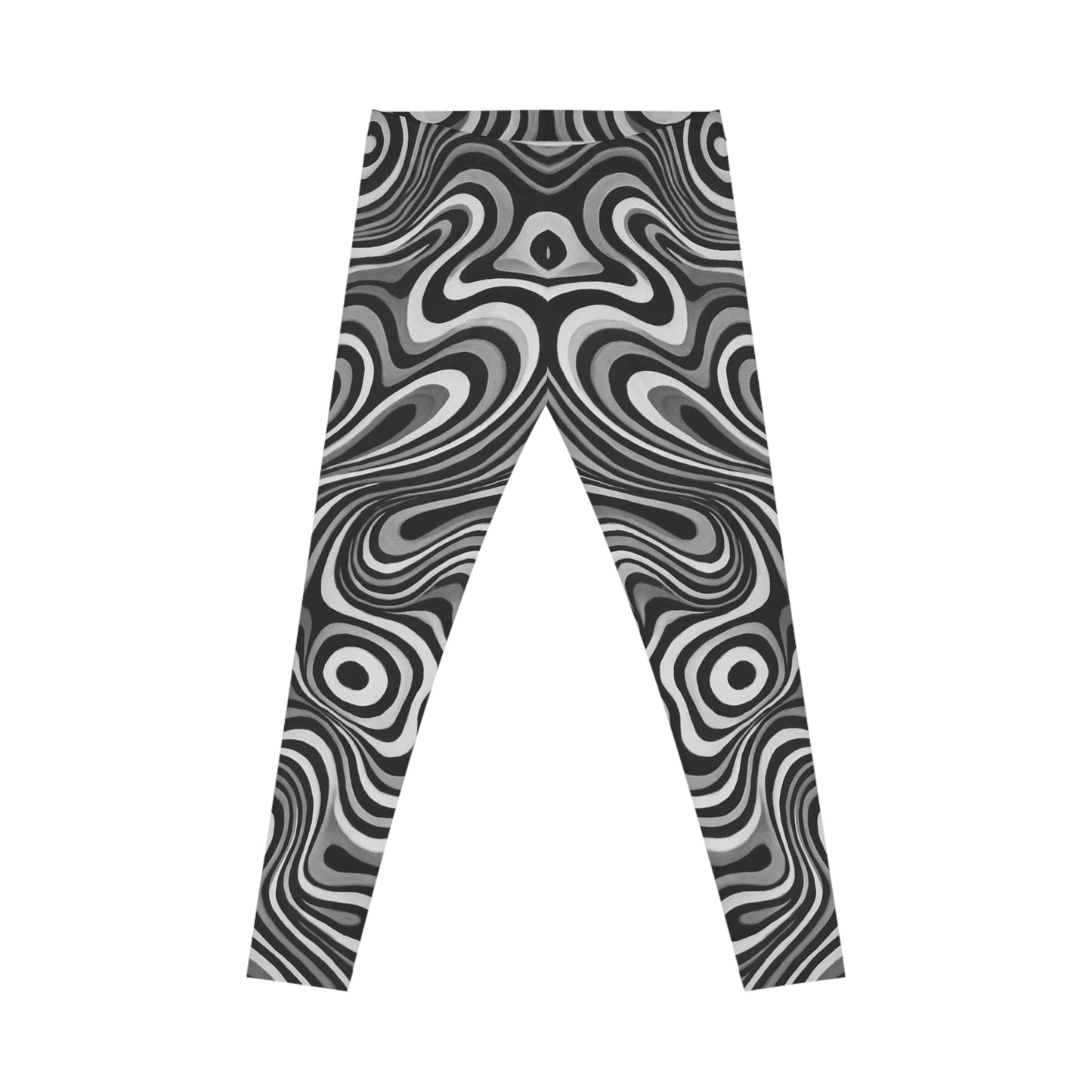 Black and white swirl psychedelic print leggings with all-over retro pattern from Printify, showcasing vibrant, bold design.