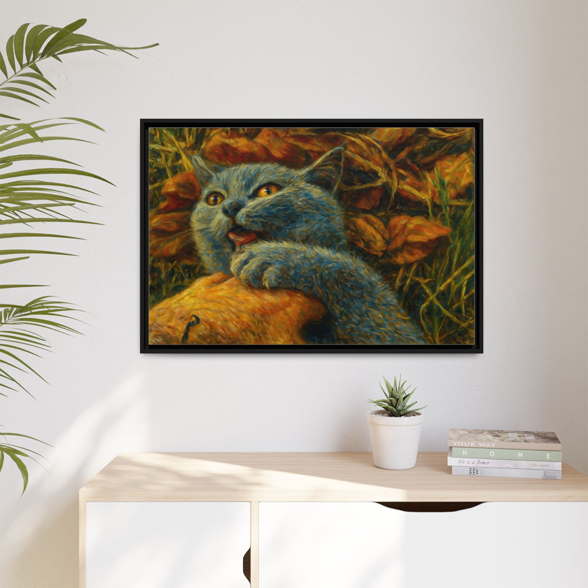 Blue cat canvas print featuring whimsical wall art, perfect gift for cat lovers, by Printify.