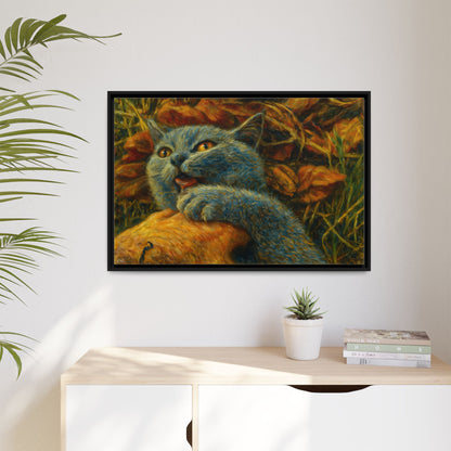 Blue cat canvas print featuring whimsical wall art, perfect gift for cat lovers, by Printify.