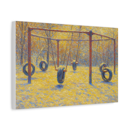 Matte stretched canvas wall art featuring a colorful tire swing playground scene, ideal for children's playroom decor.