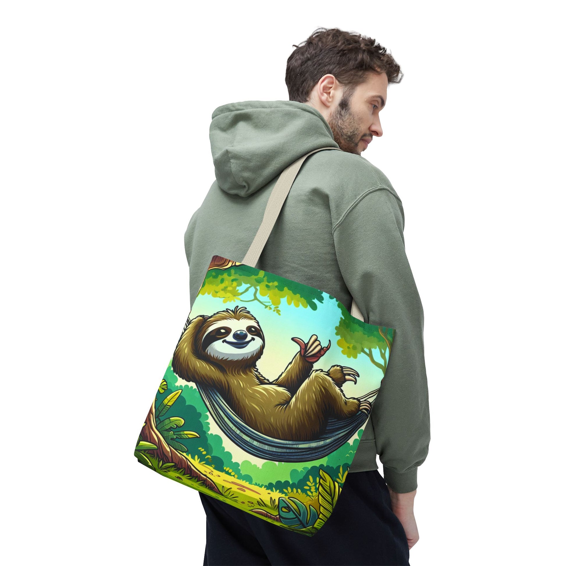 Eco-friendly sloth tote bag with a cute animal design, made by Printify, perfect for animal lovers and everyday use.