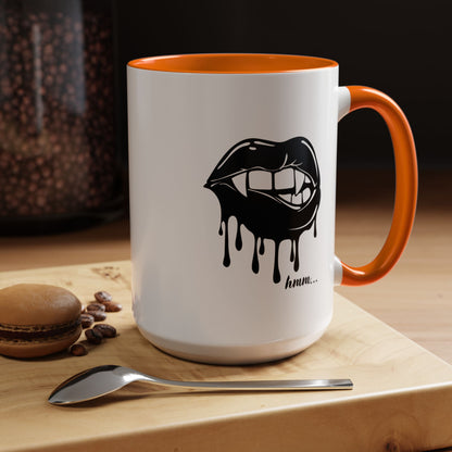 Black ceramic coffee mug with dripping lips bite graphic, 11oz or 15oz, featuring bold print design from Printify.
