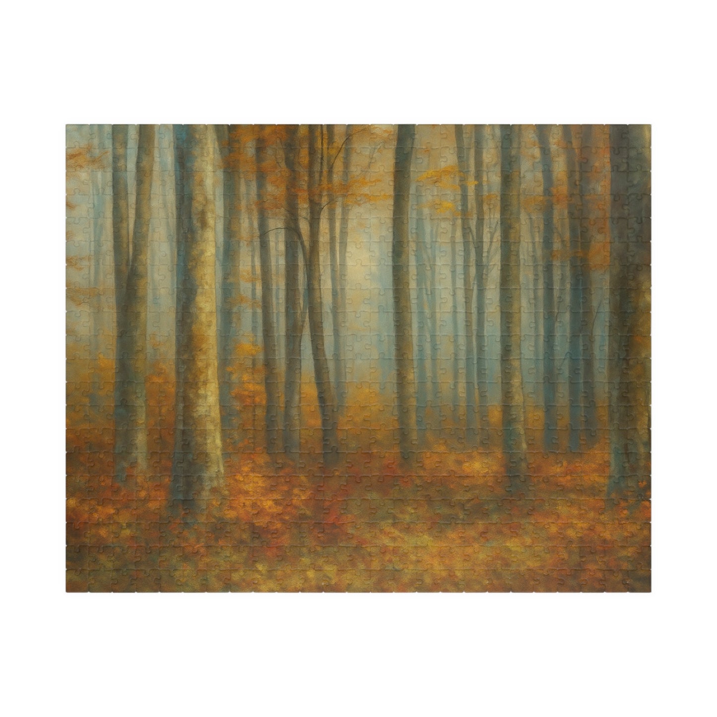 Misty autumn forest puzzle by Printify featuring woodland trees, colorful fall foliage, and a scenic nature landscape.