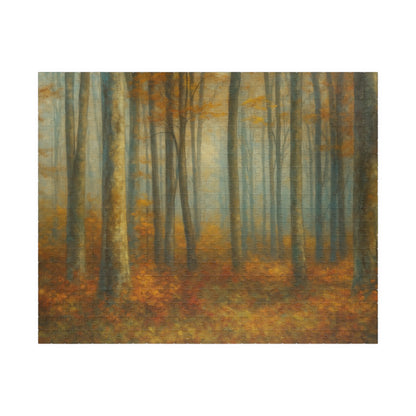 Misty autumn forest puzzle by Printify featuring woodland trees, colorful fall foliage, and a scenic nature landscape.
