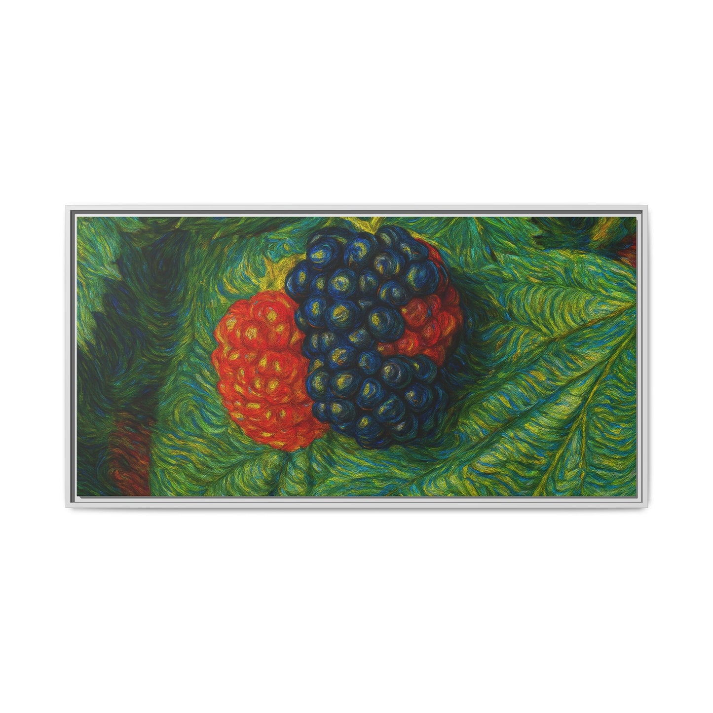Blackberry still life framed canvas print by Printify, featuring vibrant blackberries in a realistic botanical artwork.