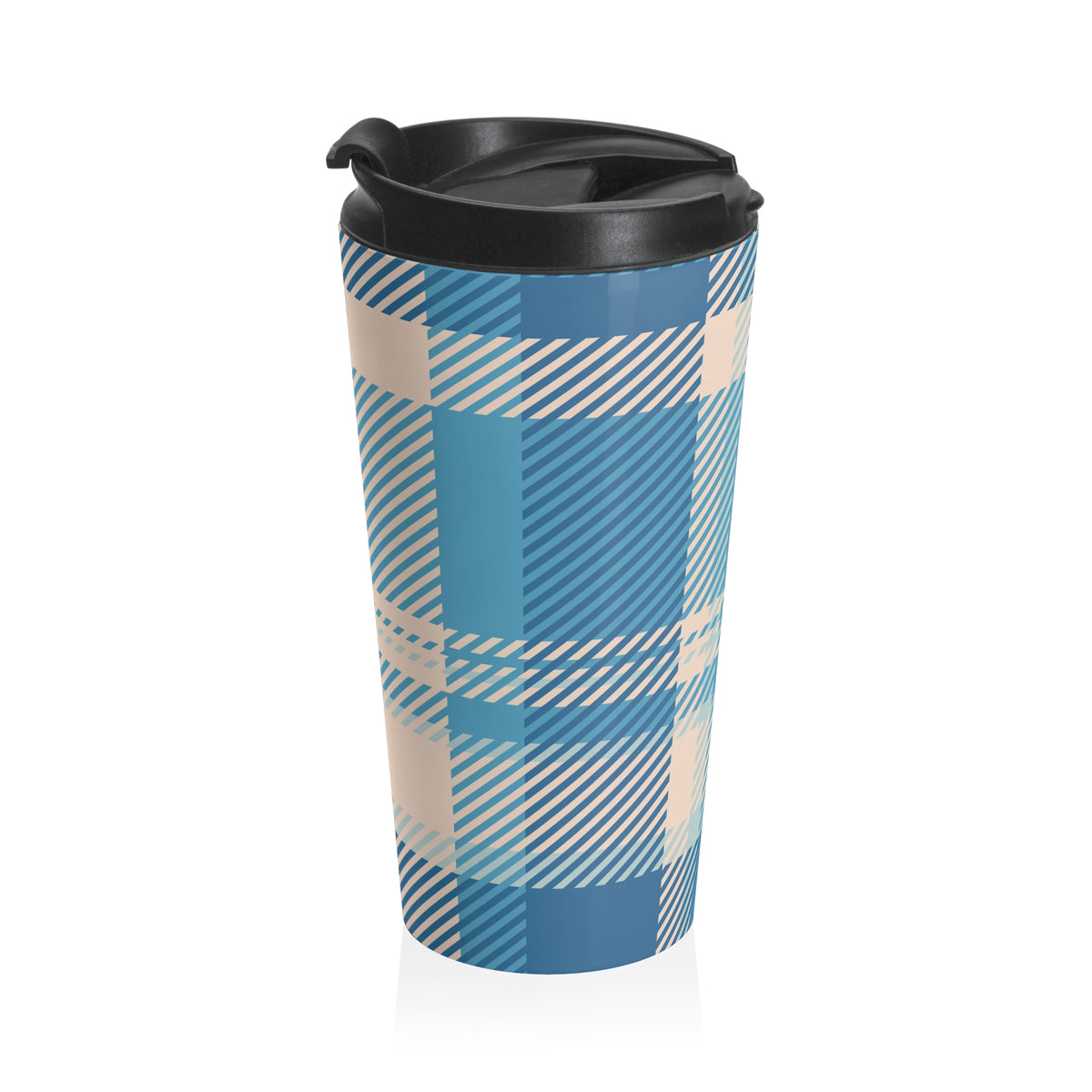 Blue and cream plaid 15oz insulated stainless steel travel mug - view 4