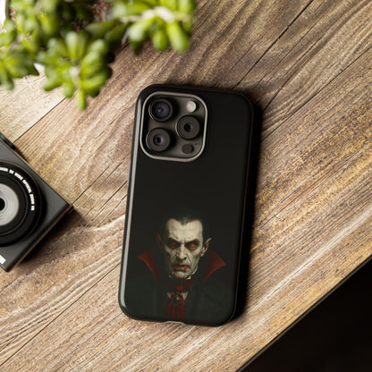 Gothic vampire portrait phone case for iPhone featuring Dracula horror design from Printify, with dark, eerie artwork on black background.