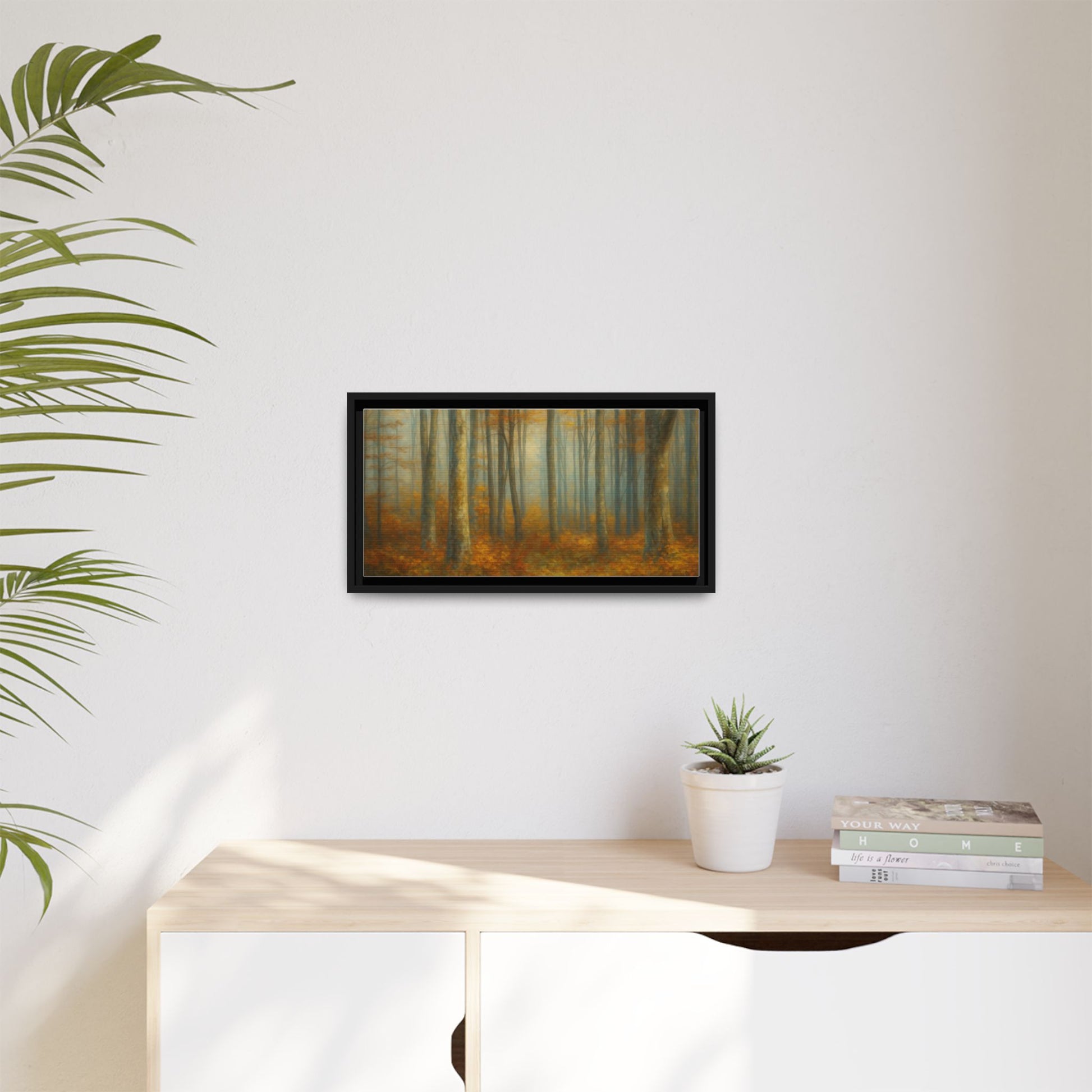 Framed autumn forest canvas print featuring misty woodland scene, wall art by Printify with vibrant natural colors.