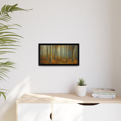 Framed autumn forest canvas print featuring misty woodland scene, wall art by Printify with vibrant natural colors.