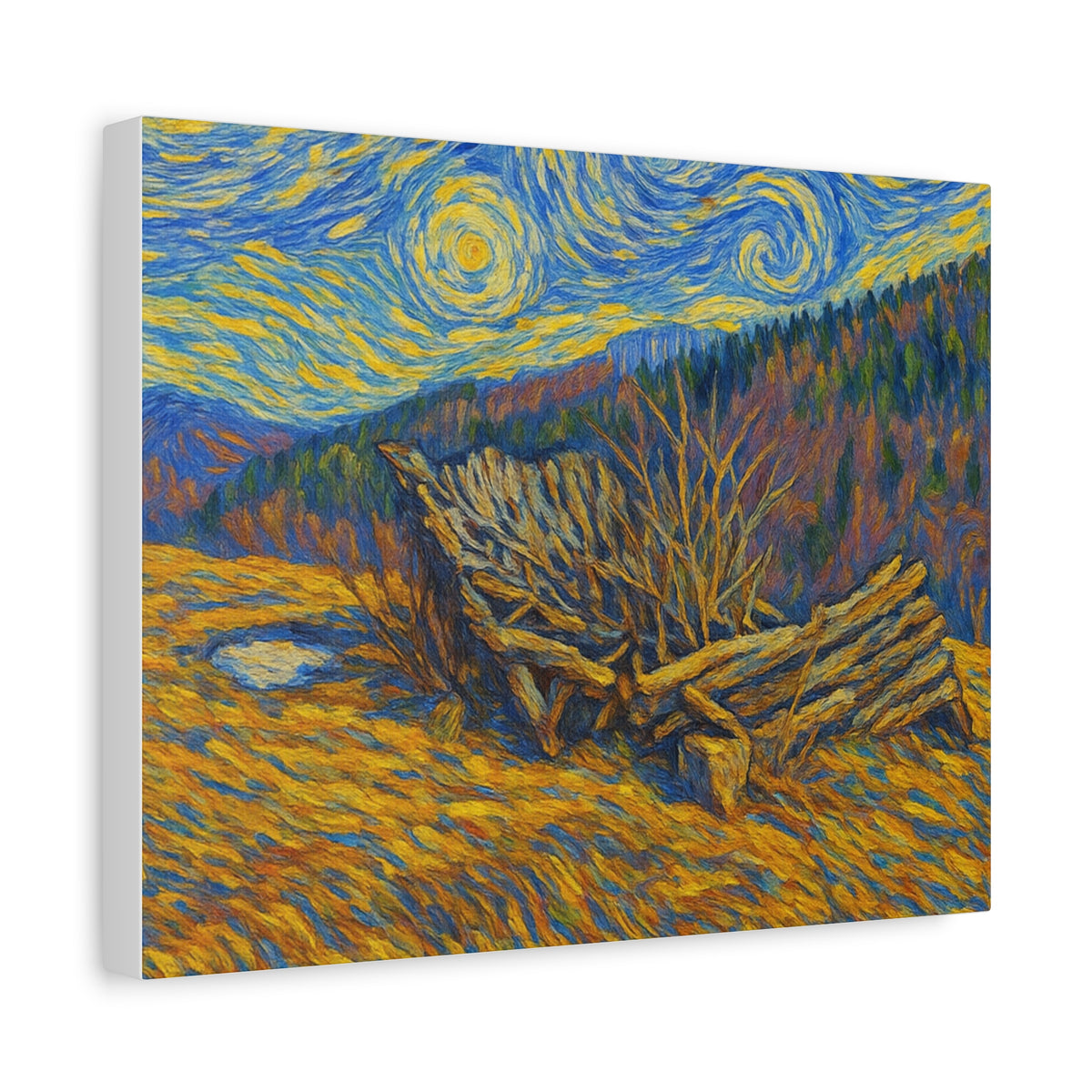 Impressionist Starry Landscape canvas print by Printify featuring a vibrant night sky with stars and scenic landscape.