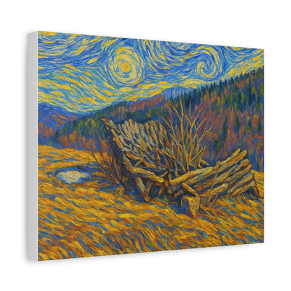 Impressionist Starry Landscape canvas print by Printify featuring a vibrant night sky with stars and scenic landscape.