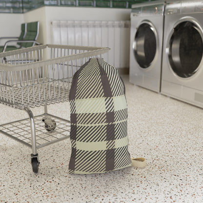 Plaid Laundry Bag — Beige & Brown Drawstring Wash Tote