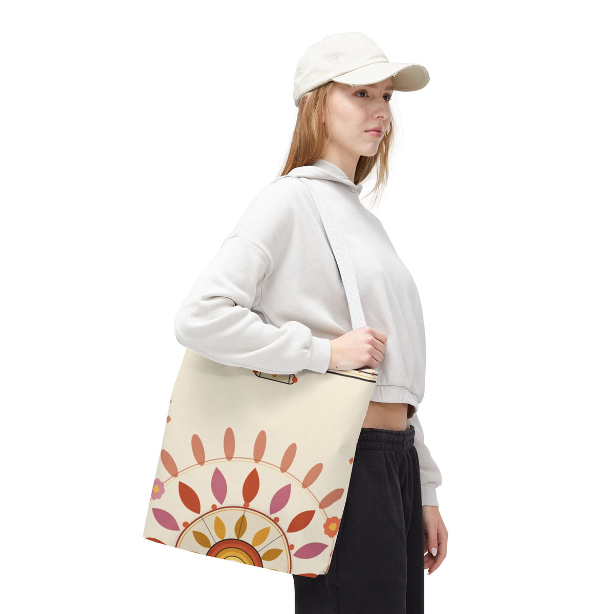 Boho floral mandala tote bag with pastel sunburst pattern from Printify, featuring vibrant floral and geometric design.