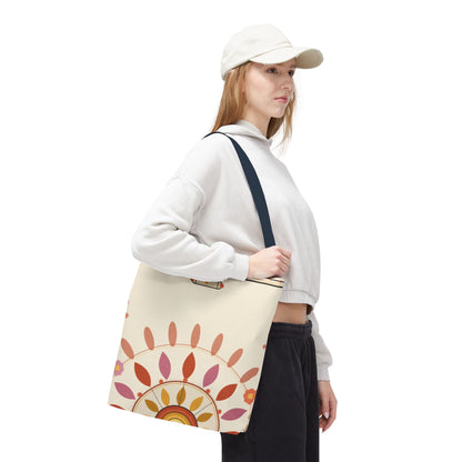 Boho floral mandala tote bag by Printify with pastel sunburst pattern, featuring a colorful, artistic design on a spacious canvas bag.