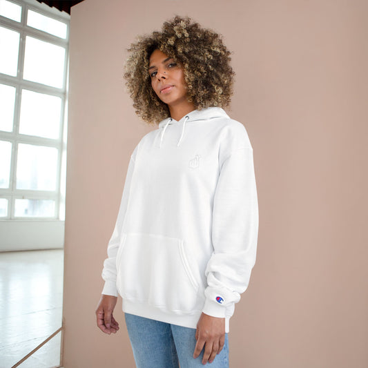 White Champion hoodie with Korean finger heart graphic, minimal pullover style, branded by Printify, shown on a plain background.