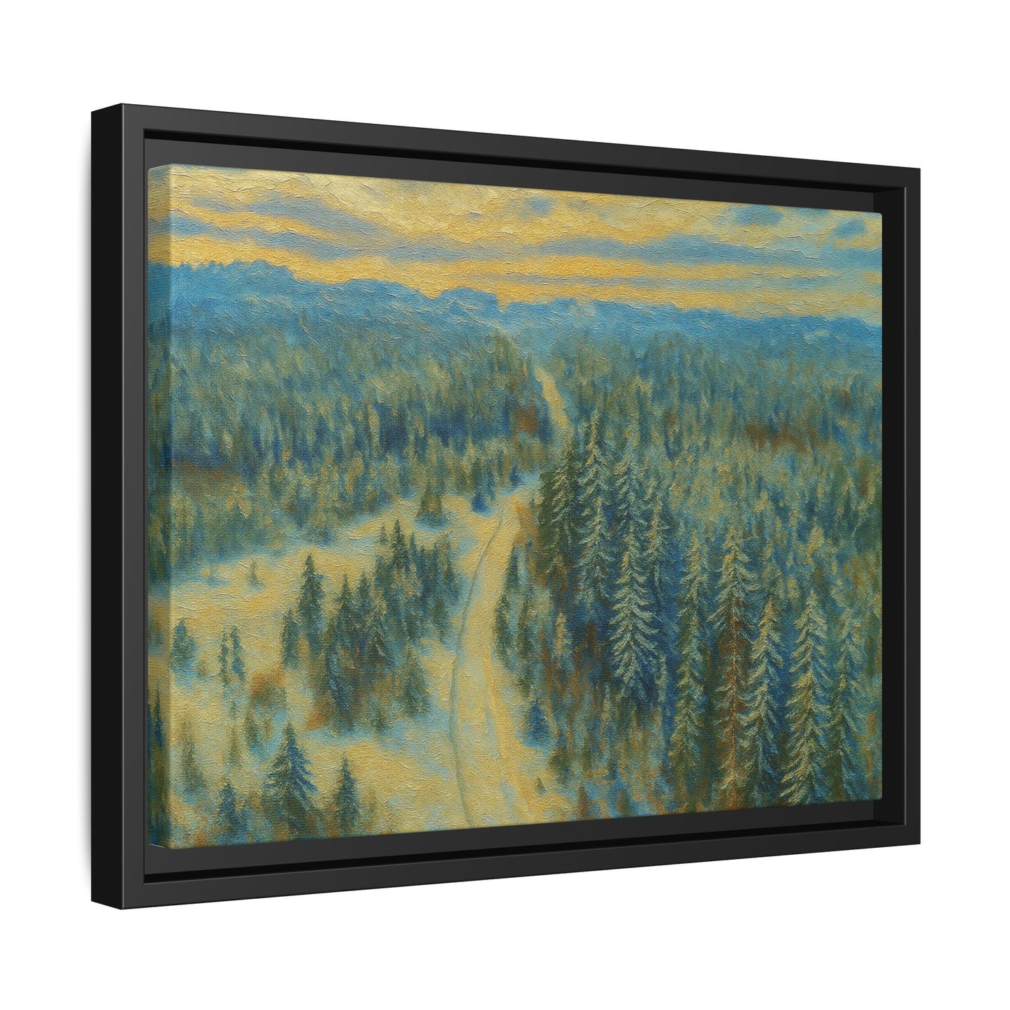 Framed matte canvas print of a serene winter forest landscape by Printify, showcasing snowy trees and peaceful winter scenery.