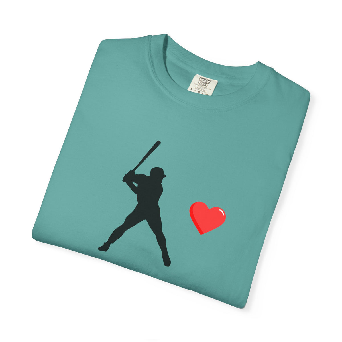 Printify baseball batter heart T-shirt featuring a graphic print of a batter with a heart design on the front.